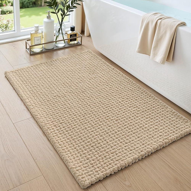 DEXI Bathroom Rugs 24x36, Non Slip Washable Bath Mat, Absorbent Chenille Bathmat, Ultra Soft Thick Carpet for Tub Shower Floor, Beige