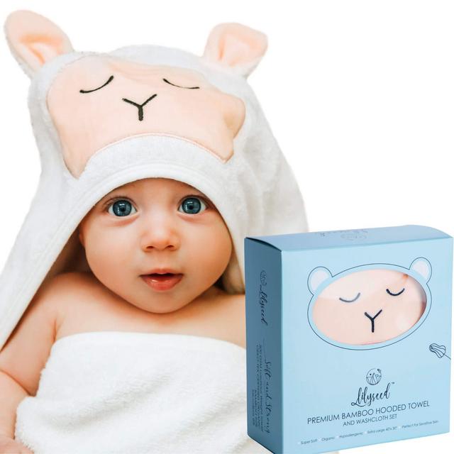 Premium Bamboo Hooded Baby Towel - Ultra Soft Organic Baby Bath Towel Set for Toddlers - Cute Lamb Baby Hooded Towel for Girls Boys - Large Infant Towel Washcloth- -Large Toddler Towel-Lilyseed