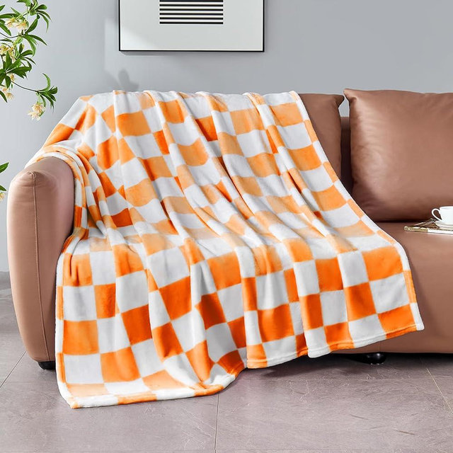 Edenleaf Orange Checkered Blanket, Soft Cozy Fleece Checkered Throw Blanket for Bed Sofa Couch Camping, Ultra Fluffy Throw Blankets for All Seasons (Orange)