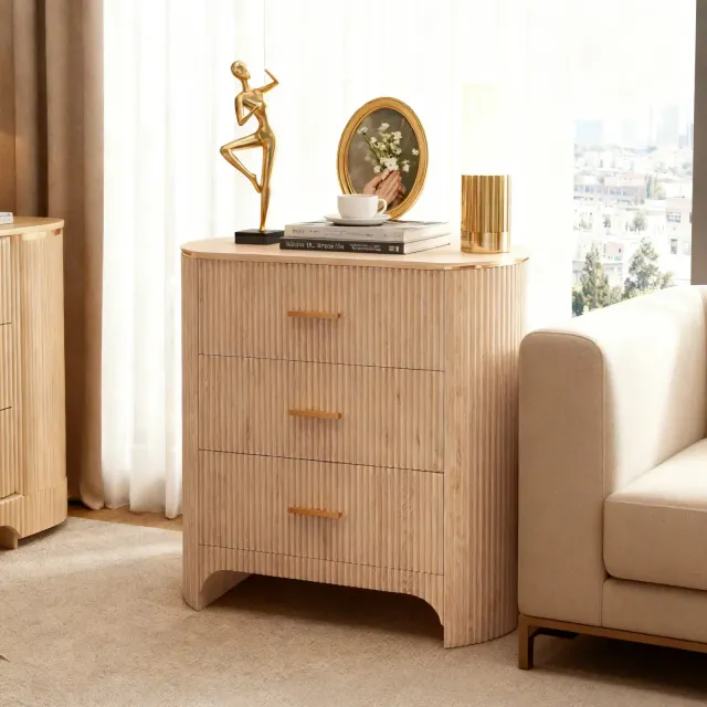 Fluted Nightstand with Charging Station, 31.7" Wide End Table with 3 Drawers, Wood Dresser for Bedroom, Night Stand for Living Room, Natural Oak