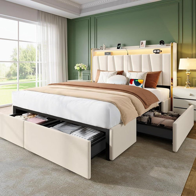 koorlian Queen Bed Frame with 4 Dustproof Drawers and 2-Tier Storage Headboard, 51”Tall Upholstered Platform Bed Frame with Adjustable Headboard, Charging Station, LED Lights, Easy Assembly, Beige