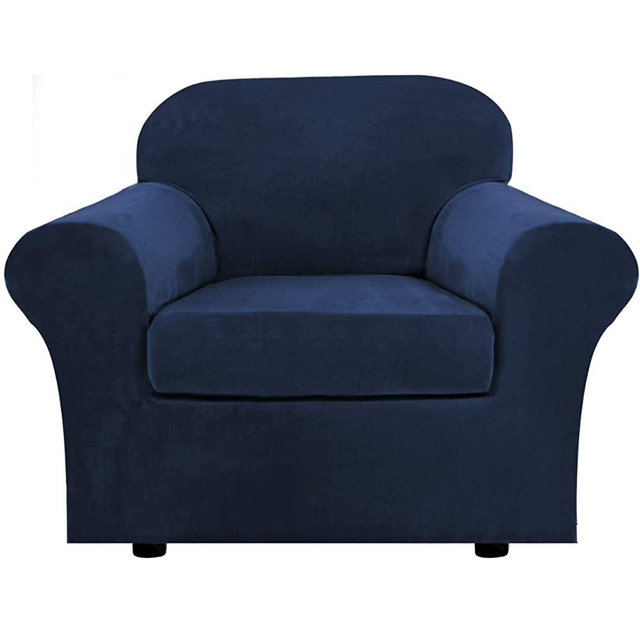 Rich Velvet Stretch 2 Piece Chair Cover Chair Slipcover Sofa Cover Furniture Protector Couch Soft with Elastic Bottom Chair Couch Cover with Arms, Machine Washable(Chair,Navy)