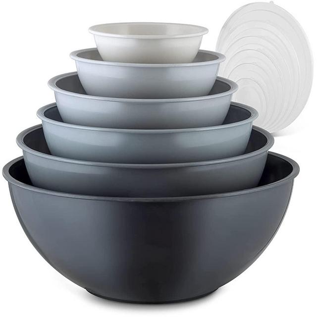 Zulay Kitchen 12 Piece Plastic Mixing Bowls With Lids Set - Colorful Mixing Bowls For Kitchen - Nesting Plastic Mixing Bowl Set With 6 Prep Bowls and 6 Lids - Microwave and Freezer Safe (Gray Ombre)