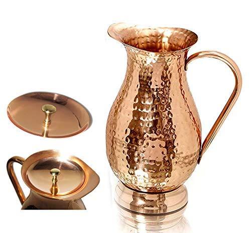 Copper Pitcher with a Lid - Pure Solid Copper Handcrafted Hammered Jug, Capacity 70 Oz , Pure Copper Carafe For Home, Hotel & Gifting