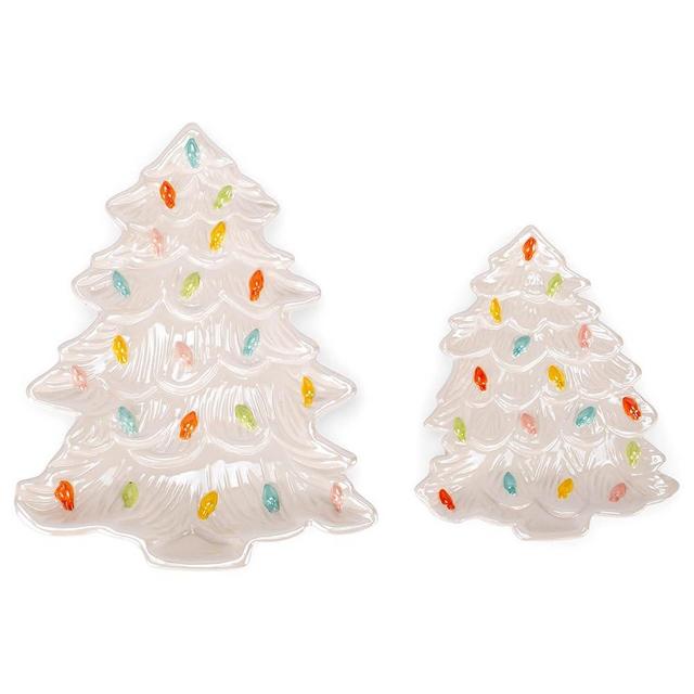 Transpac Holiday Tree Classic White 10 Inch Ceramic Candy Dish Serving Tray Set of 2