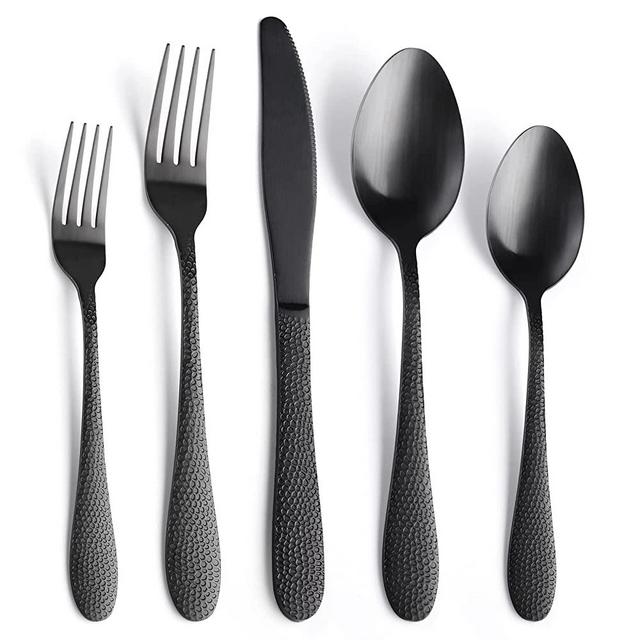 SANLUNS Matte Black Silverware Set for 8, 40-Piece Hammered Matte Flatware Set , Cutlery Hammered Handle,Knives, Forks, Spoons, Mirror Polished, Dishwasher Safe