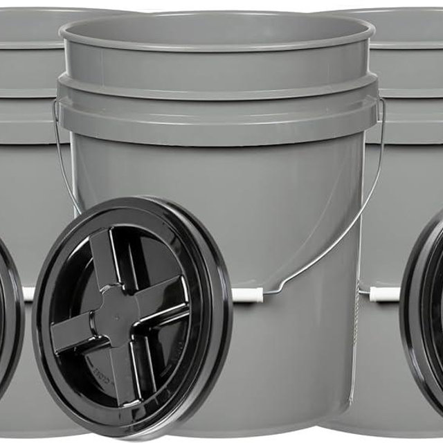 House Naturals 5 Gallon Grey Food Grade Bucket with Black Screw on Lid, BPA Free Container (Pack of 3) Made in USA