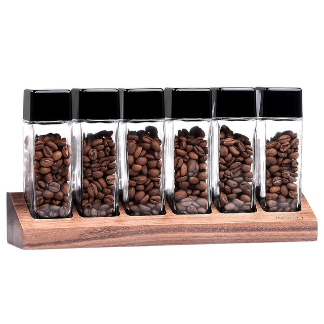 Normcore 6 Tubes Single Dose Espresso Bean Cellars, Coffee Beans Storage Tube Vial Vault with One-Way Exhaust Valve, Glass Coffee Bean Capsules With Genuine American Walnut Display Stand