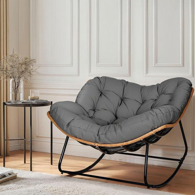knocetx Outdoor Egg Rocking Chair, Indoor Papasan Rocking Chair with Thick Cushion, Modern Lounge Rocker for Balcony, Living Room, Bedroom, Porch, Lawn, Garden (Gray)