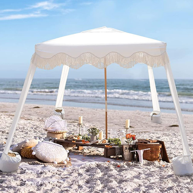 AMMSUN Beach Cabana with Fringe,6.2'×6.2' Tassel Beach Canopy,Easy Set up & Premium Wood Pole,Cool Cabana with Sand Pockets,Instant Sun Shelter for Beach Patio Garden Outdoor, White