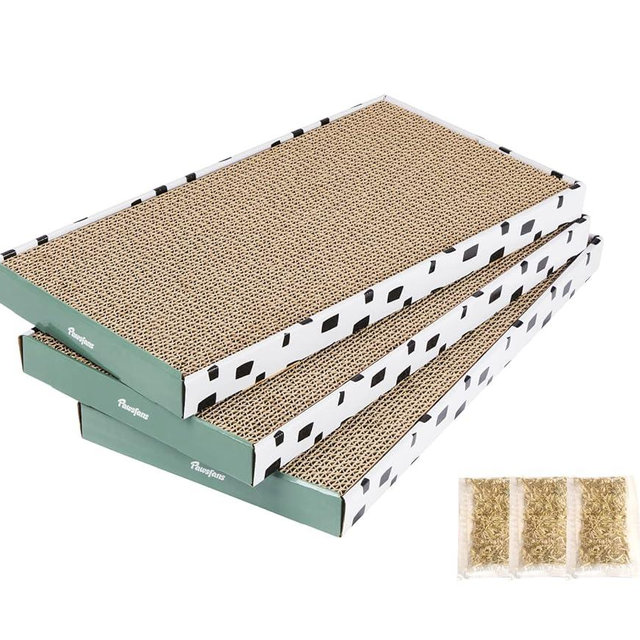PAWSFANS Cat Scratcher Cardboard Scratch Pad with Box Durable Corrugate Scratching Board Kitty Sofa Lounge Bed Reversible Catnip Included for Indoor Cats,Large (Box, 3pcs)