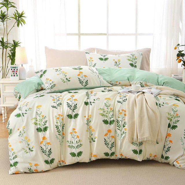 MUXHOMO Duvet Cover Queen Size, Reversible Floral Vintage Duvet Cover Set with Zipper Closure, 3 Pieces Botanical Patterns Soft Microfiber Bedding Set (90"x90", 2 Pillow Cases)