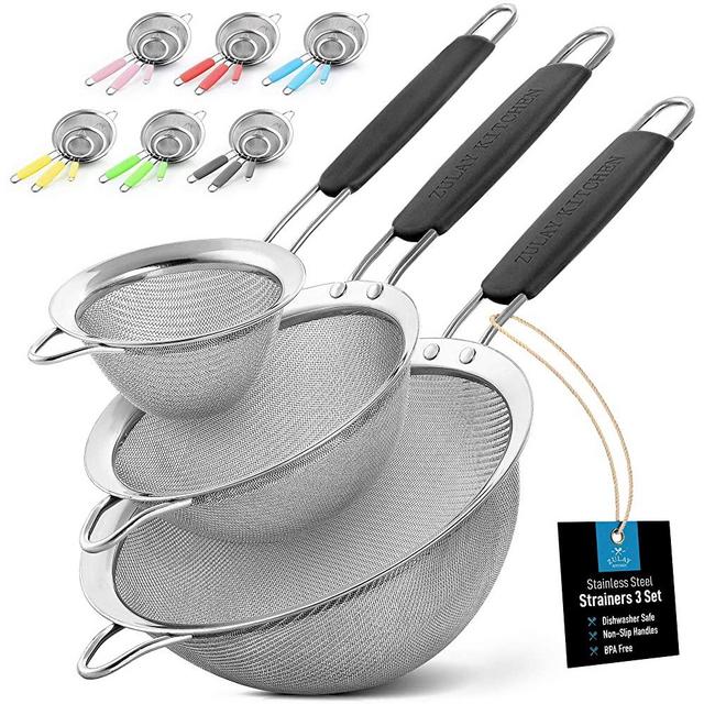 Zulay (Set of 3) Stainless Steel Mesh Strainer - Strainers Fine Mesh & Wire Sieve with Non-Slip Handles - Assorted Kitchen Strainer For Sifting, Straining, & Draining (3.3”, 5.5”, 7.5” Sizes) - Black