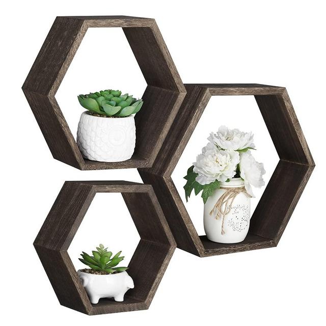 Hexagon Floating Shelves Wall Mounted, Set of 3 Honeycomb Wood Shelf Storage Farmhouse Home Decor for Bathroom, Kitchen, Bedroom, Living Room, Office