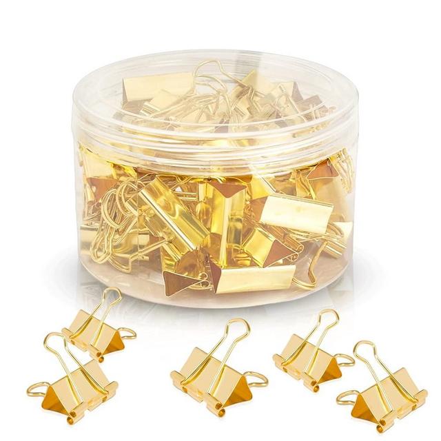 AK 1inch*48 pcs Golden Binder Clips Paper Binder Clips Medium Size Metal Fold Back Clips with Box for Office School and Home Supplies