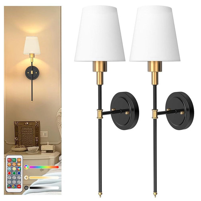 DORESshop Battery Operated Wall Sconce Set of 2, Wireless Wall Light Easy to Install, 7 Color Rechargeable Wall Sconces, Sconce Wall Decor Set of 2 for Bedroom, Living Room, Gold and Black, 24.6in
