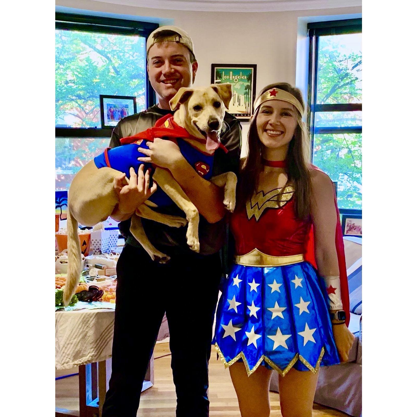 Our first halloween with our pup rory - we all had matching superhero costumes