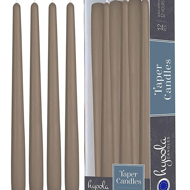 12 Pack Tall Taper Candles - 14 Inch Taupe Dripless, Unscented Dinner Candle - Paraffin Wax with Cotton Wicks - 12 Hour Burn Time