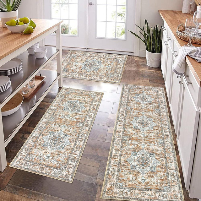 Pauwer Farmhouse Kitchen Rugs Sets of 3, Kitchen Runner Rugs Non Slip Washable, Boho Kitchen Mats for Floor, Indoor Door Mat Entrance, Laundry Room Rug, Thick Kitchen Floor Mat Carpet