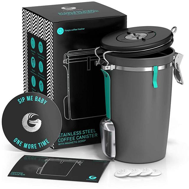 Beans and Coffee Grounds Container - New 2020 Model Coffee Gator Stainless Steel Canister - CO2 Release Valve, Magnetic Scoop Attachment and Bag-Saver Clip - Holds 22oz Beans, 64floz Capacity