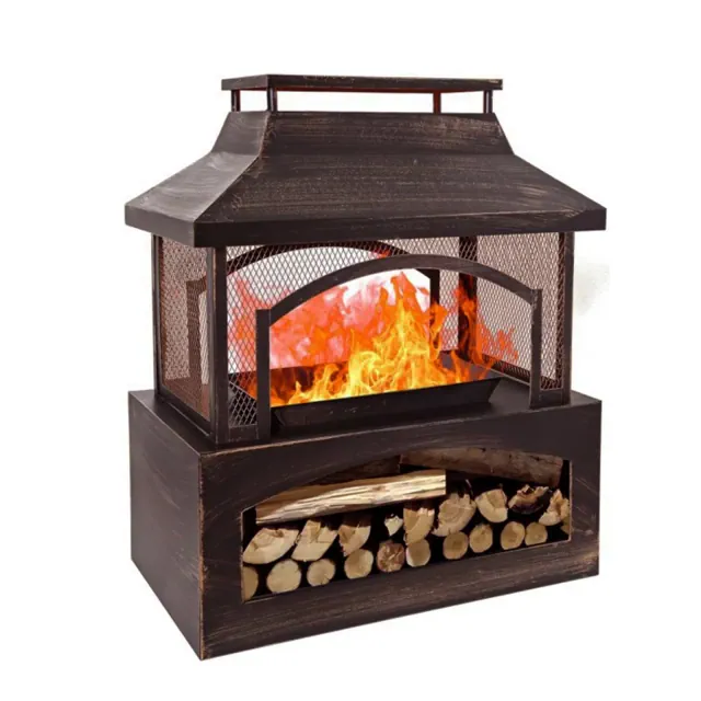 Bestier Fire Pits for Outside Wood Burning, Outdoor Chiminea Fireplace with Log Storage Rack, Mesh Screen, Pocker for Patio Party Camping, 37"