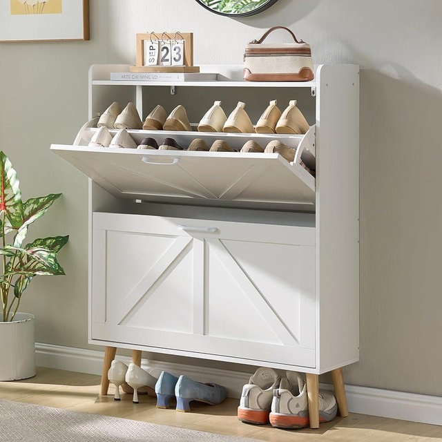 LEYAOYAO Shoe Storage Cabinet with 2 Flip Drawers，Narrow Shoe Storage Cabinet Organizer with Legs for Entryway Hallway, Living Room, Bedroom，Hidden Slim Storage Narrow Shoe Rack Cabinet,White