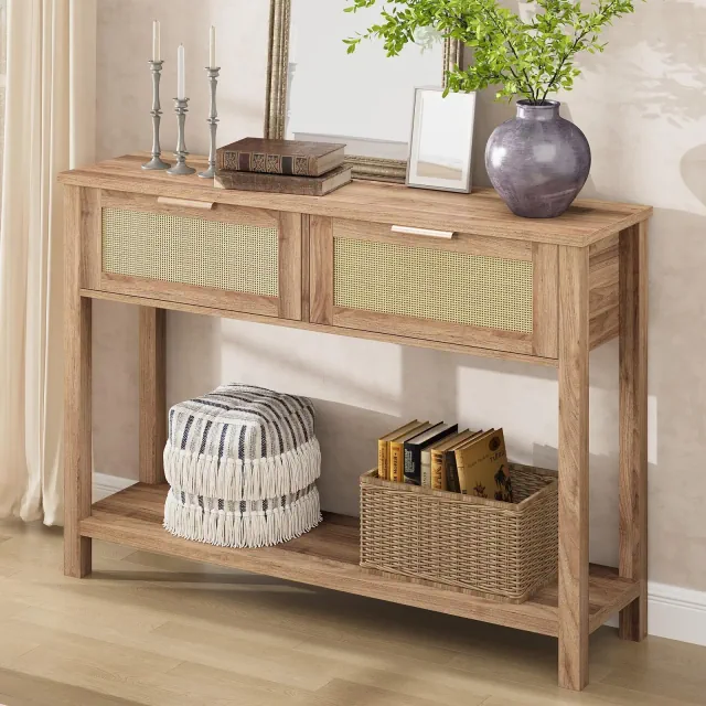 Coolmee 43 Inch Rattan Console Table, Entryway Table with 2 Drawers Storage Shelf Woven Design, Farmhouse Sofa Table TV Stand for Living Room