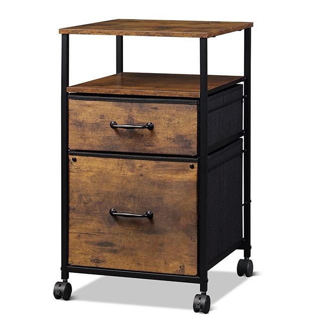 DEVAISE 2 Drawer Mobile File Cabinet, Rolling Printer Stand with Open Storage Shelf, Fabric Vertical Filing Cabinet fits A4 or Letter Size for Home Office, Rustic Brown Wood Grain Print