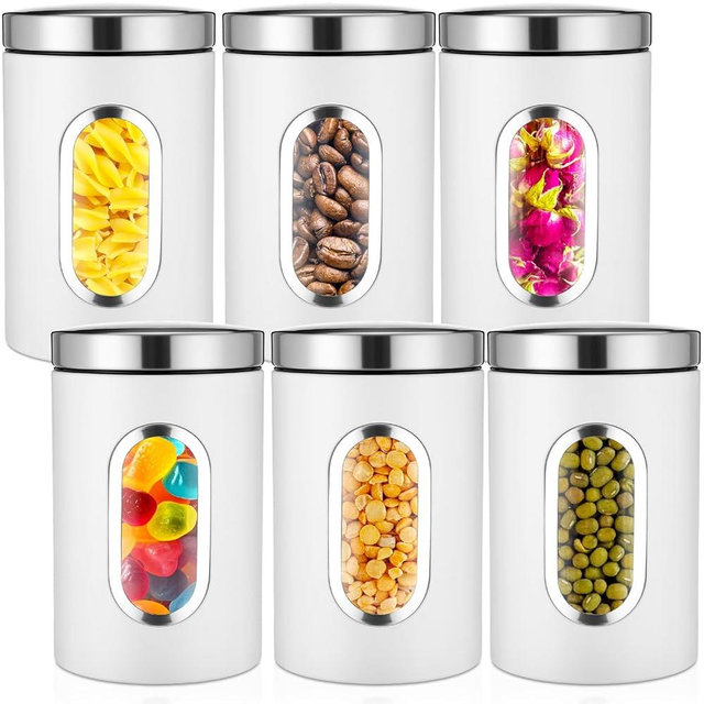 Zopeal 6 Pack White Canisters Sets for Kitchen 50oz Stainless Steel Kitchen Canisters with Transparent Windows Flour Sugar Container Metal Jar Countertop Set for Coffee Tea Decorative