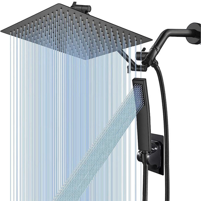 All Metal 12'' Rain/Rainfall Shower Head with Handheld Spray Combo, High-Pressure Square Shower Head with 13'' Extension Arm, Dual Black Shower Heads with 78'' Hose, Waterfall Showerhead