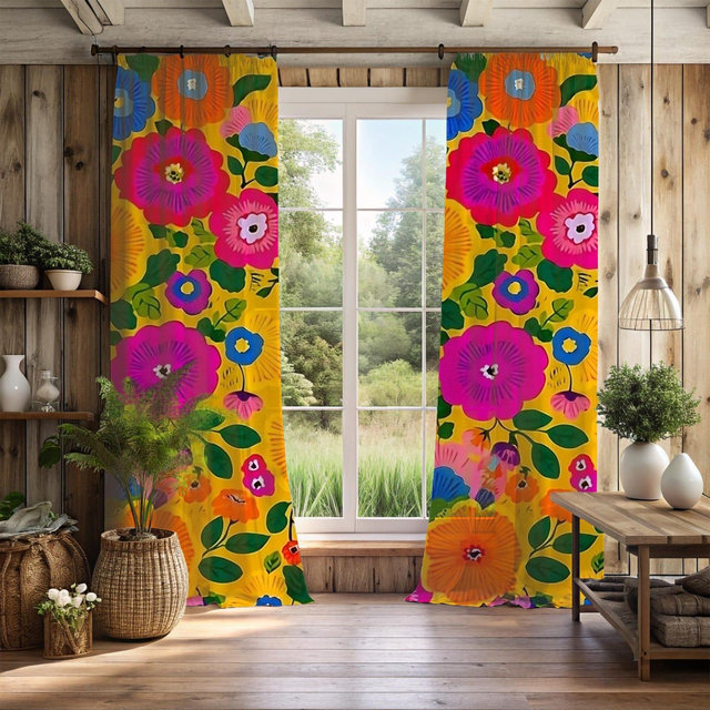 Sunny Floral Retro Style Blackout Curtain | MCM Style Window Panel | Mid-Century Modern Happy Flower Privacy Curtain Drapes