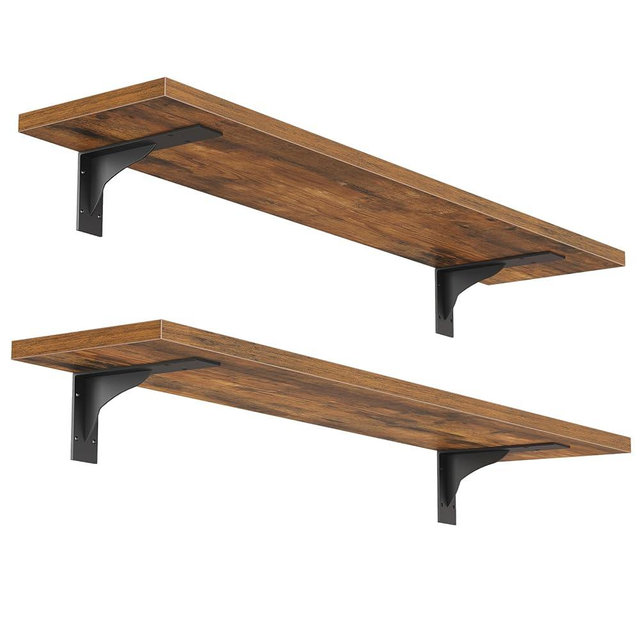 HOOBRO Floating Shelves for Wall, 23.6" Wall Mounted Shelves Set of 2, Hanging Storage Shelf with Metal Brackets, Wooden Shelf for Living Room, Bedroom, Bathroom, Rustic Brown and Black BF62BJP201G1