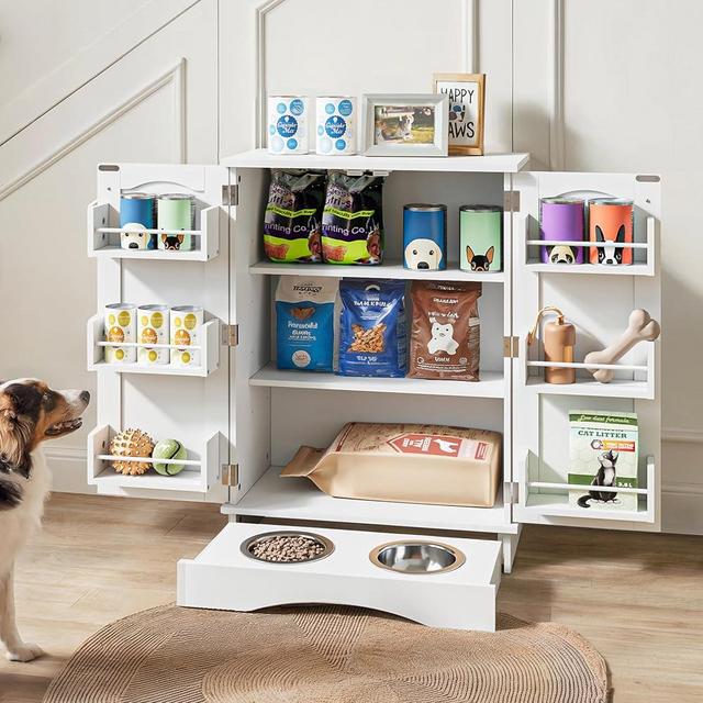 FIMELLO 31.7" High Dog Feeding Station with Feeding Bowls, Pet Organizers and Storage Adjustable Shelf, Dog Feeder Station, Pet Storage Cabinet for Cats and Dogs, White