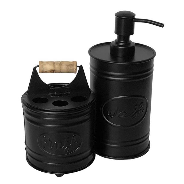 Autumn Alley Black Bathroom Accessories Set - Includes Farmhouse Hand Soap Dispenser and Rustic Toothbrush Holder | Rustic Farmhouse Decor for Bathroom Countertop | Farmhouse Bathroom Decor