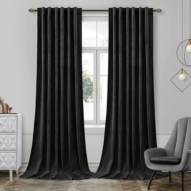HOMEIDEAS Black Velvet Blackout Curtains 52 X 108 Inches, 2 Panels Soft and Thick Room Darkening Curtains/Drapes, Thermal Insulated Pocket Back Tab Window Curtains for Living Room