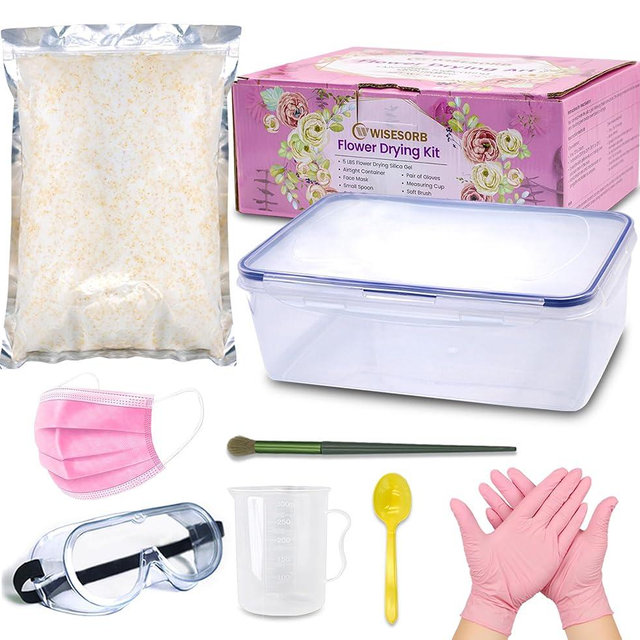 Wisesorb 5lbs Silica Gel Flower Drying, Reusable Flower Preservation Kits, Silica Sand Flower Drying Kits with Airtight Container, Gloves, Brush, Safety Goggles for DIY Wedding Bouquet Preservation