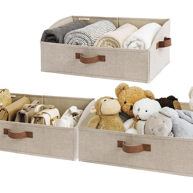 StorageWorks Closet Organizer Bins, Trapezoid Storage Box, Fabric Storage Baskets for Shelves, Jumbo, Brown and Beige, 3-Pack