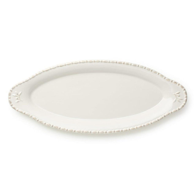Heritage Oval Fish Platter 18" x 7.5" – Elegant Ivory Stoneware Serving Tray with Embossed Leaf Details & Beaded Rim – Versatile Farmhouse Platter for Seafood, Roasts & Sides