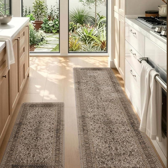 LUMI Anti-Fatigue Kitchen Floor Mats Set of 2,Cushioned Comfort Standing Rug Waterproof 2PCS, Non-Slip Ergonomic Foam Runner for Sink, Laundry, Office & Home,17x29+17x59,Khaki Garden