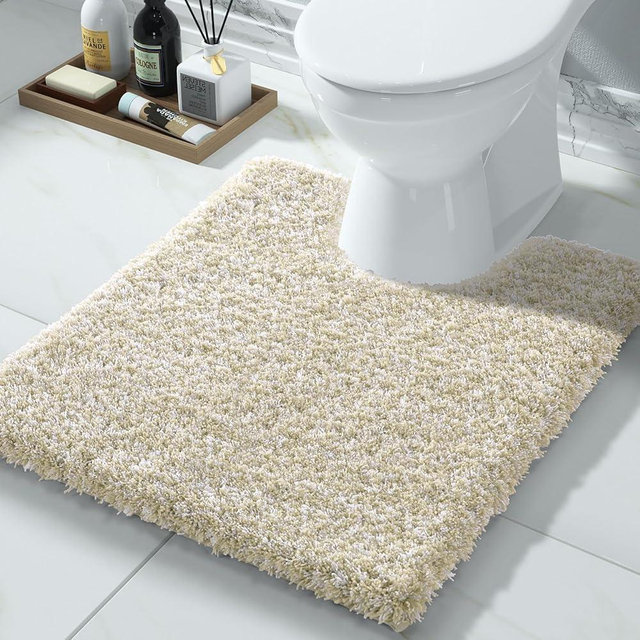 Yimobra Toilet Rugs U Shaped 24x20, Ultra Soft and Water Absorbent Bath Mats, Non Slip Fluffy Luxury Microfiber Contour Bath Rugs for Toilet, Dry Quick, Machine Washable, Light Beige and White