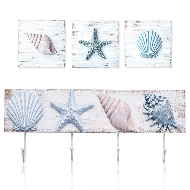 TideAndTales 3D Art Beach Wall Decor (Set of 3) & Seashell Wall Hooks, Towel Rack for Coastal Bathroom or Bedroom, Shells and Starfish Beach Decorations for Home, Ocean Theme House Decor