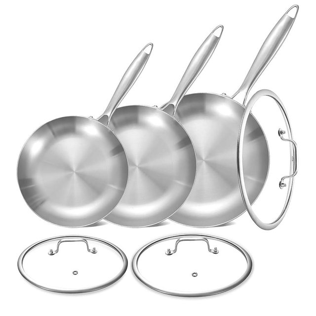 LOLYKITCH 8.5-10-12 Inch Tri-Ply Stainless Steel Frying Pan Set with Lids,Skillets,Induction Cooking Pans,Pots and Pans Set,Dishwasher and Oven Safe.
