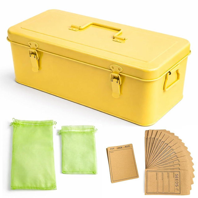 Seed Storage Organizer –Waterproof Metal Seed Box with Storage Bags, Dividers, 4 Compartments with Lid and Safety Locks, Portable Side Handles, Perfect for Garden Seeds, Labels & Tools – Yellow