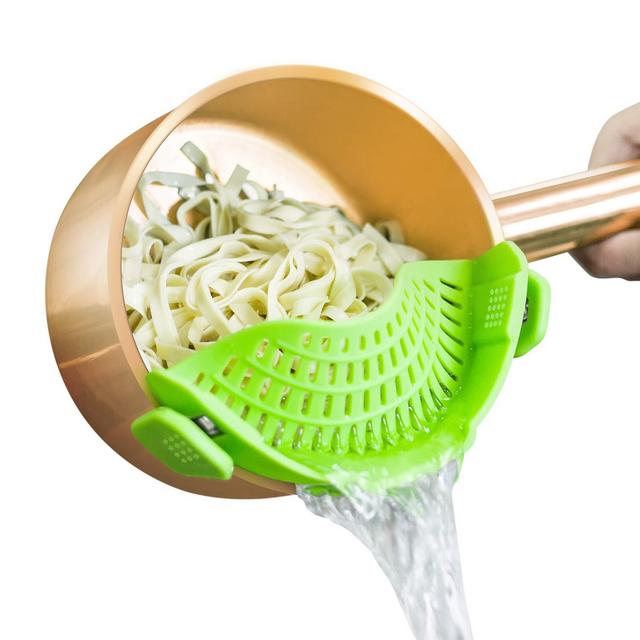 Clip On Strainer Silicone Pots and Pans, AUOON Pasta Strainer Clip on Food Strainer for Meat Vegetables Fruit Silicone Kitchen Colander, Green