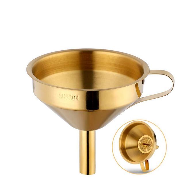 Stainless Steel Wide Mouth Funnels with Detachable Strainer, 5-inch Funnel for Filling Small Bottles and Jars, Cooking Oil and Transmission Liquid and Powder, Food Grade Metal Kitchen Funnels Gold