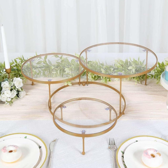 Tableclothsfactory 23" 3-Tier Gold Metal Cupcake Stand with Clear Round Acrylic Plates, Dessert Cake Display Holder