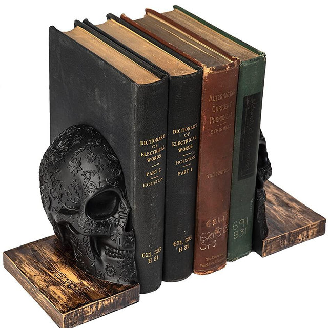 Skull Book Ends Gothic, Lifesize Human, Heavy-Duty Bookends, Skeleton Decorations, Bookends for Shelves, Heavy Books, Black Skull Design Bookend 7x5.1x6.3, Spooky Decor, Holiday
