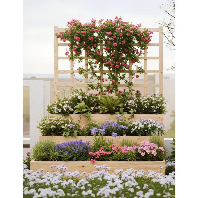 3-Tier Elevated Garden Planter, Wooden Vertical Raised Bed with Trellis & Drainage Base – Ideal for Climbing Plants, Flowers, Herbs Outdoor