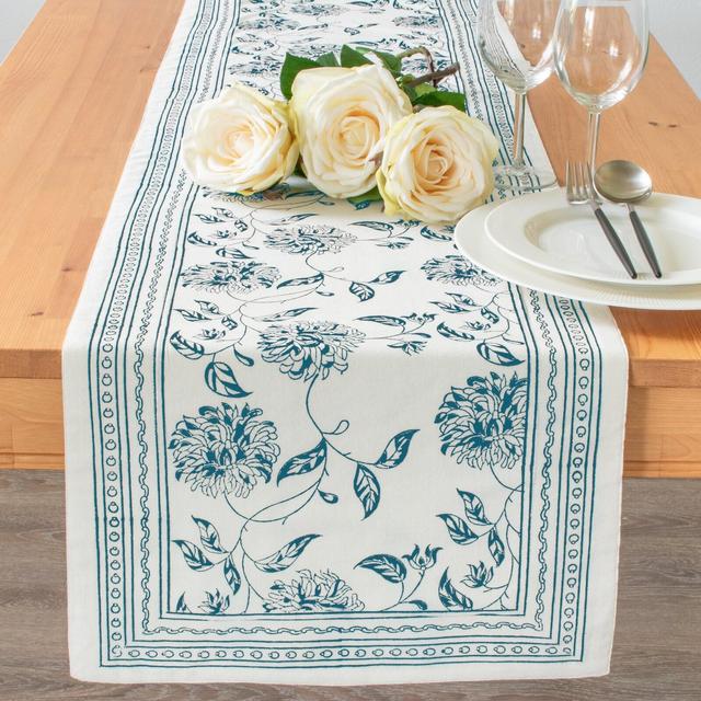 Teal Table Runners, 100% Cotton, Floral Hand Block Print for Home, Kitchen, Dining Room, Holiday