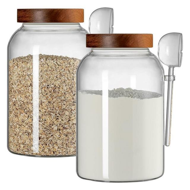Wissy&Konny 1 Gallon Glass Jar with Lid 2Pack, Borosilicate Large Glass Flour Sugar Storage Containers for Tea,Cereal, Egg and More,Leak-proof Screw Lid (Extra Long Spoons,Label,Pen)